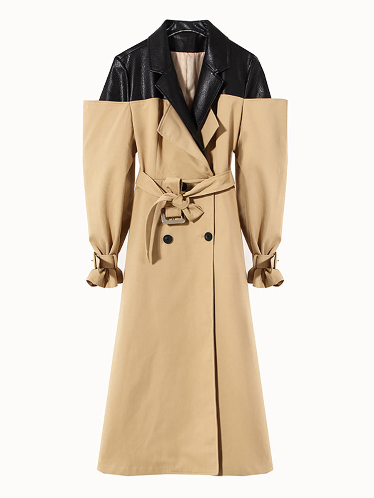 Leather Contrast Belted Trench Coat