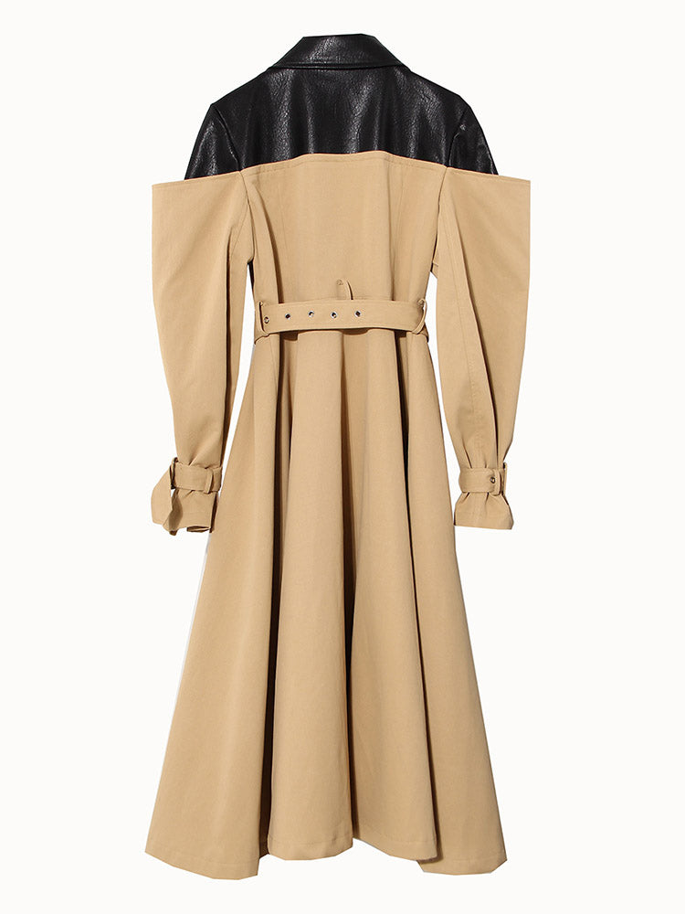 Leather Contrast Belted Trench Coat