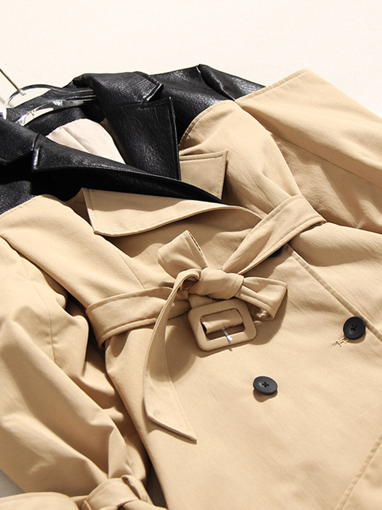 Leather Contrast Belted Trench Coat
