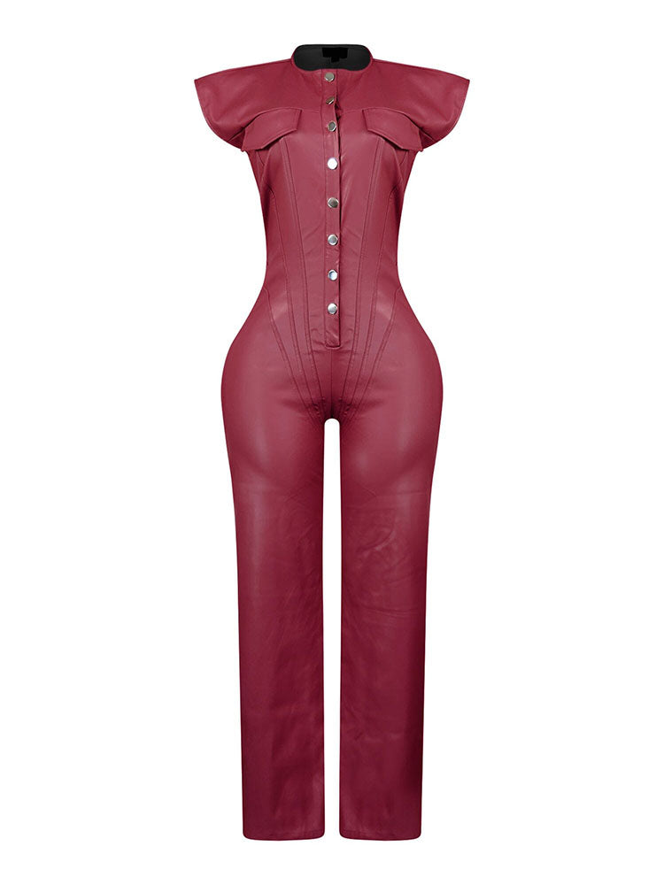 PU Button Down Jumpsuit