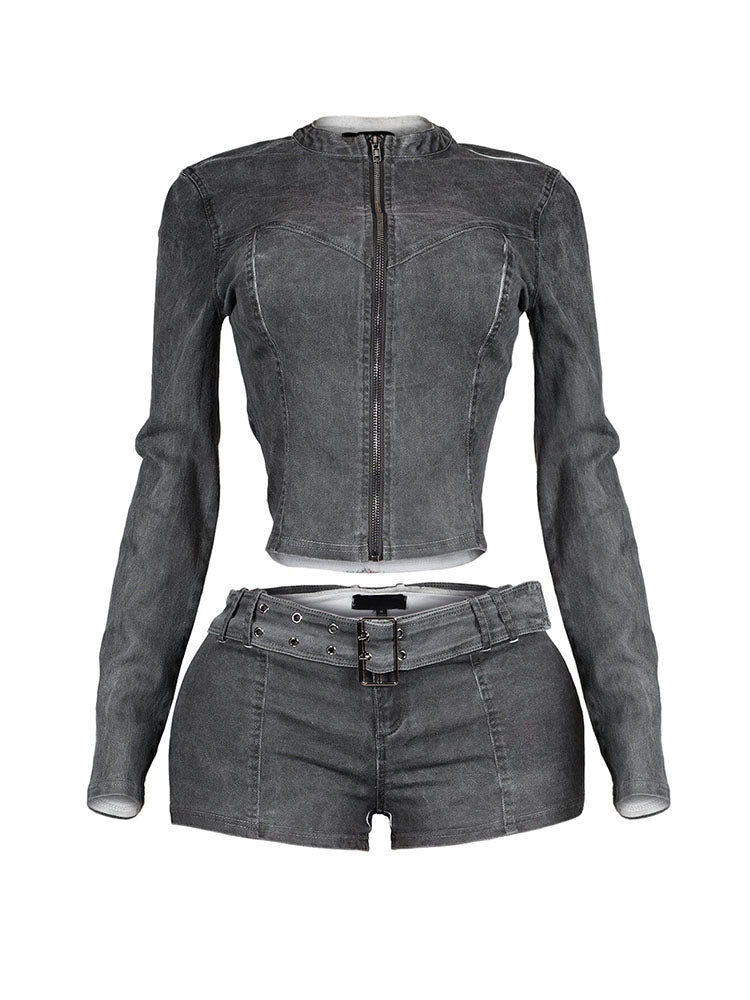 Denim Zip Up Top & Belt Shorts Set