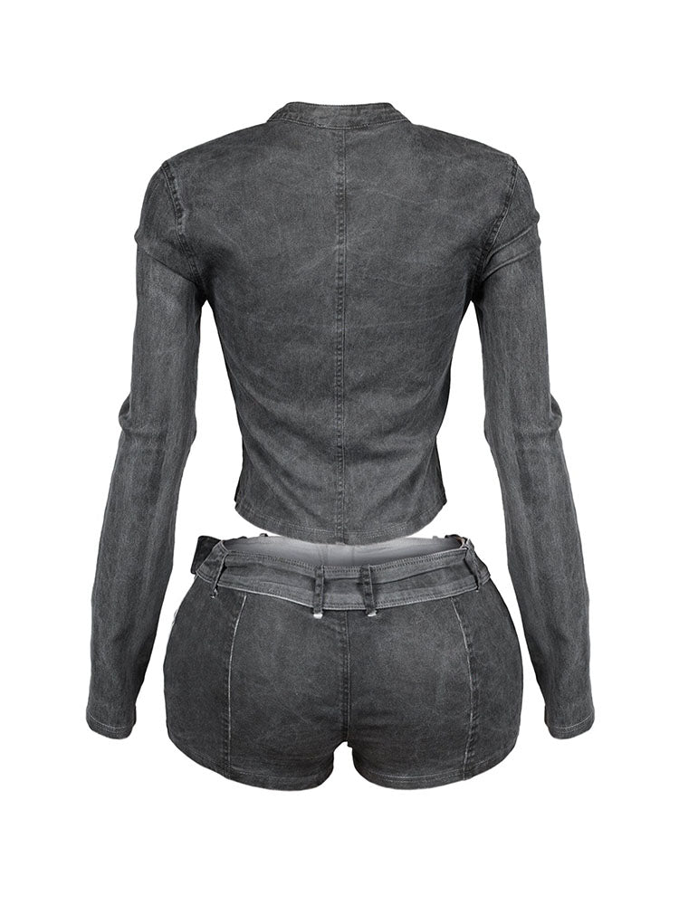 Denim Zip Up Top & Belt Shorts Set