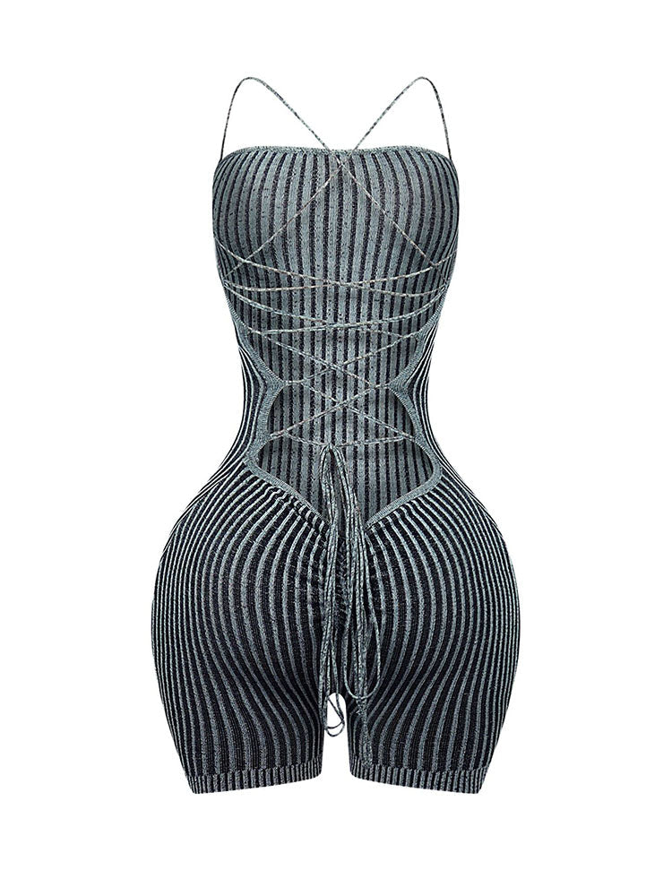 Strap Backless Ribbed Knit Romper