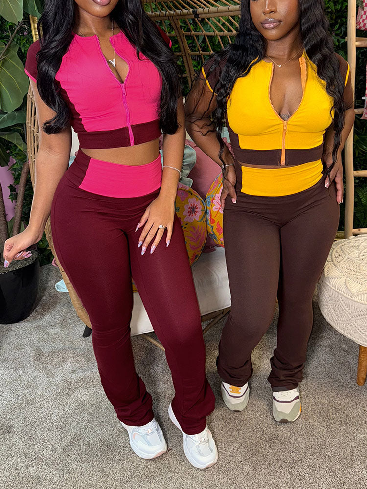 Sporty Contrast Top & Flared Pants Set