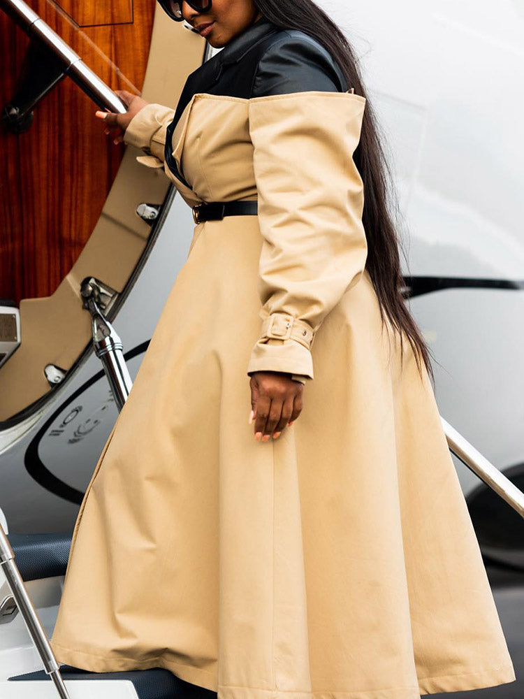 Leather Contrast Belted Trench Coat