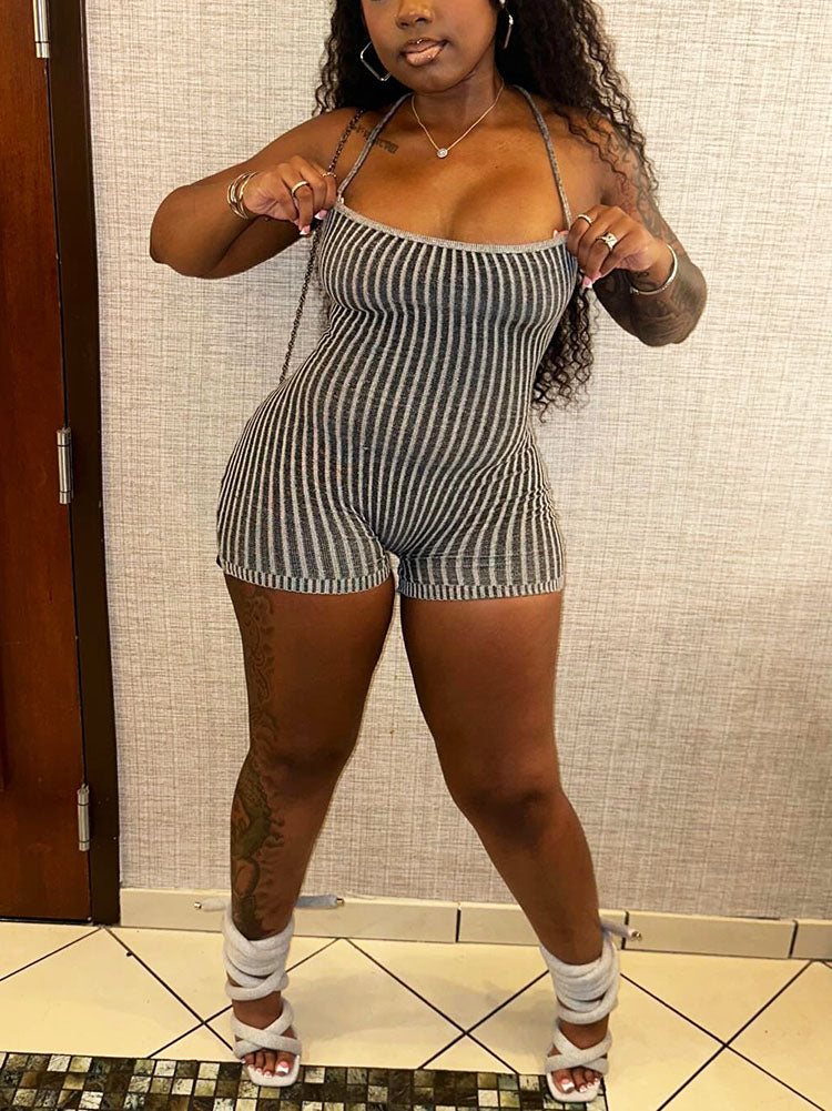 Strap Backless Ribbed Knit Romper