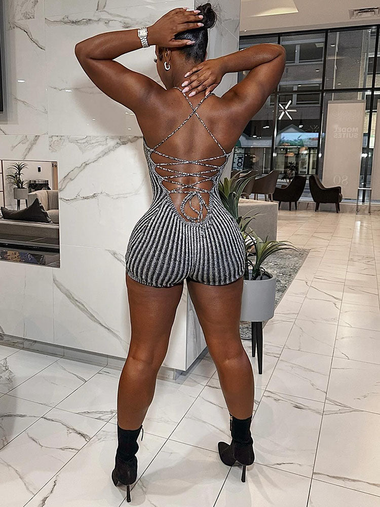 Strap Backless Ribbed Knit Romper