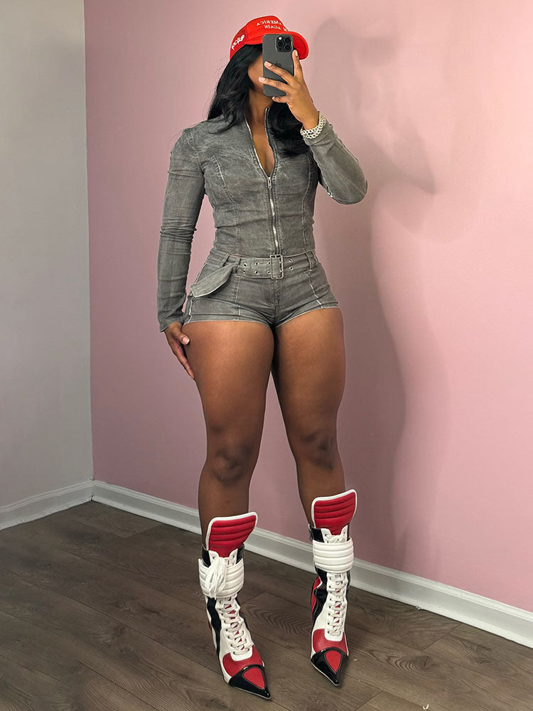 Denim Zip Up Top & Belt Shorts Set