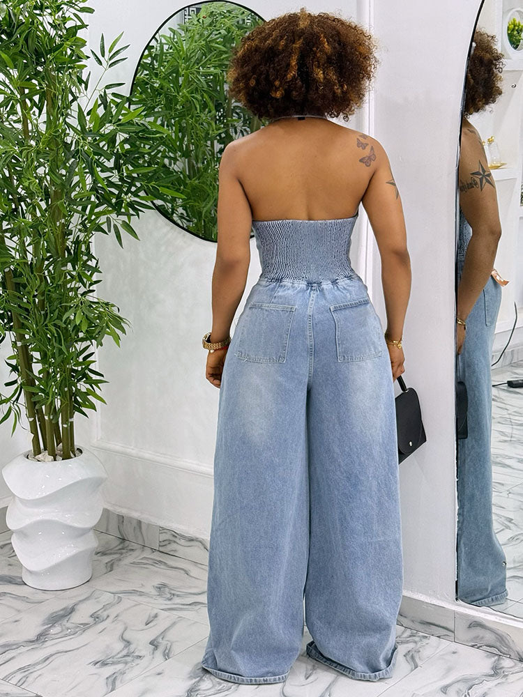 Denim Halter Wide-Leg Jumpsuit