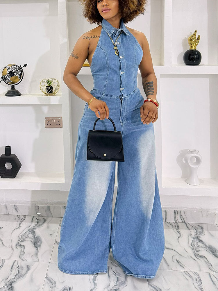 Denim Halter Wide-Leg Jumpsuit