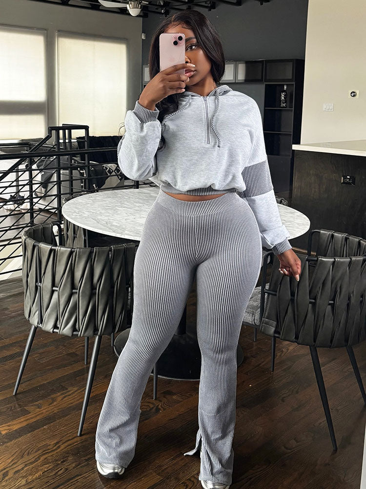 Textured Hooded Top & Flared Pants Set
