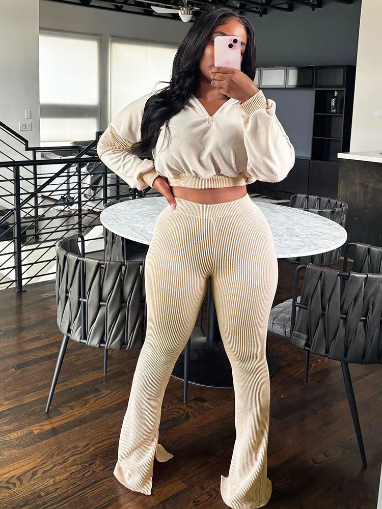 Textured Hooded Top & Flared Pants Set