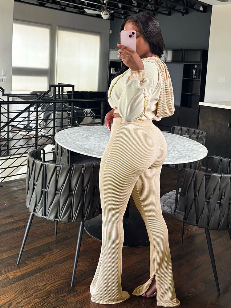 Textured Hooded Top & Flared Pants Set