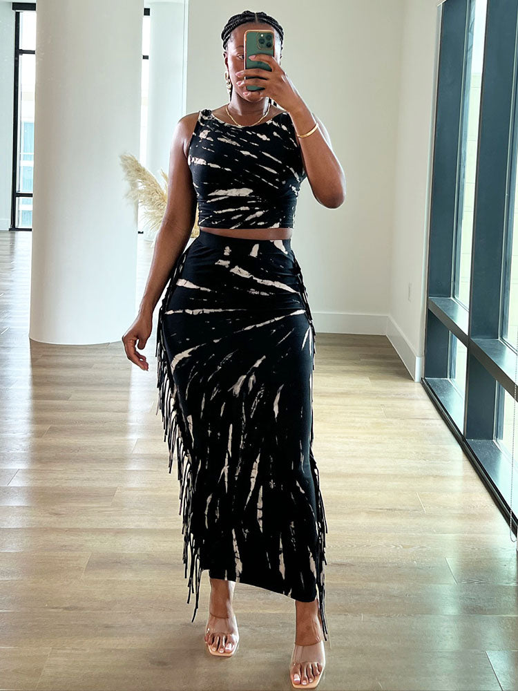 Tie Dye Crop Top & Fringe Skirt Set