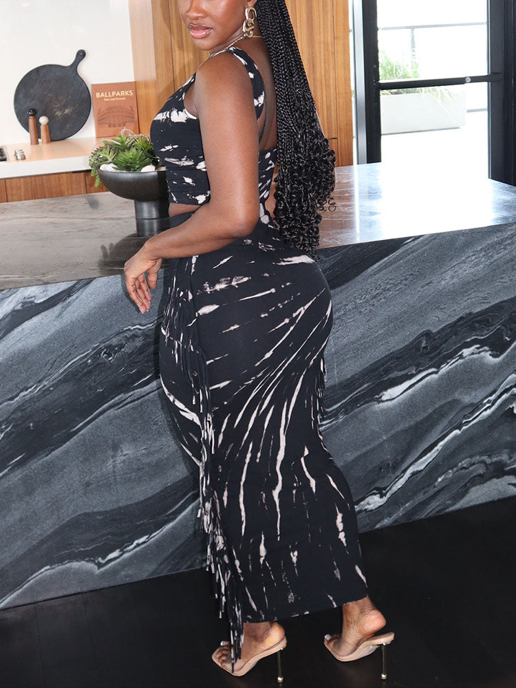 Tie Dye Crop Top & Fringe Skirt Set