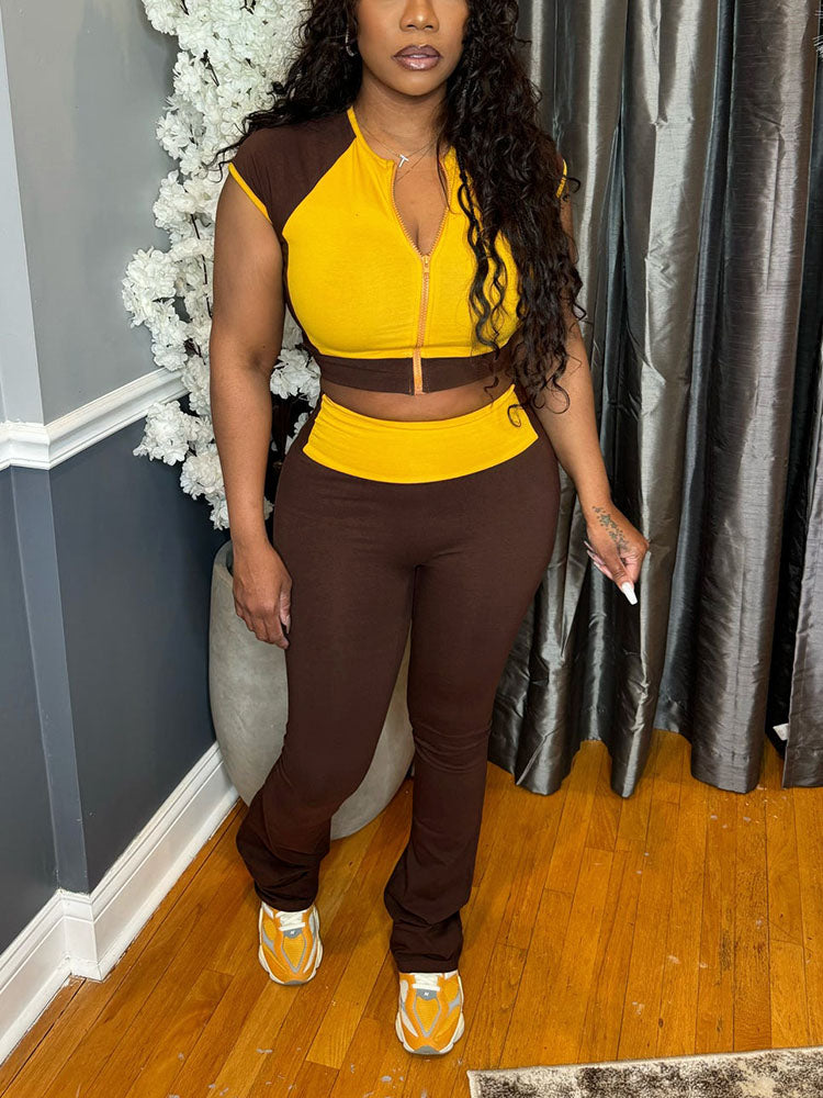 Sporty Contrast Top & Flared Pants Set
