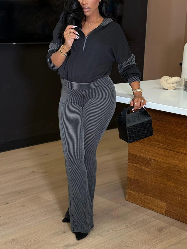 Textured Hooded Top & Flared Pants Set