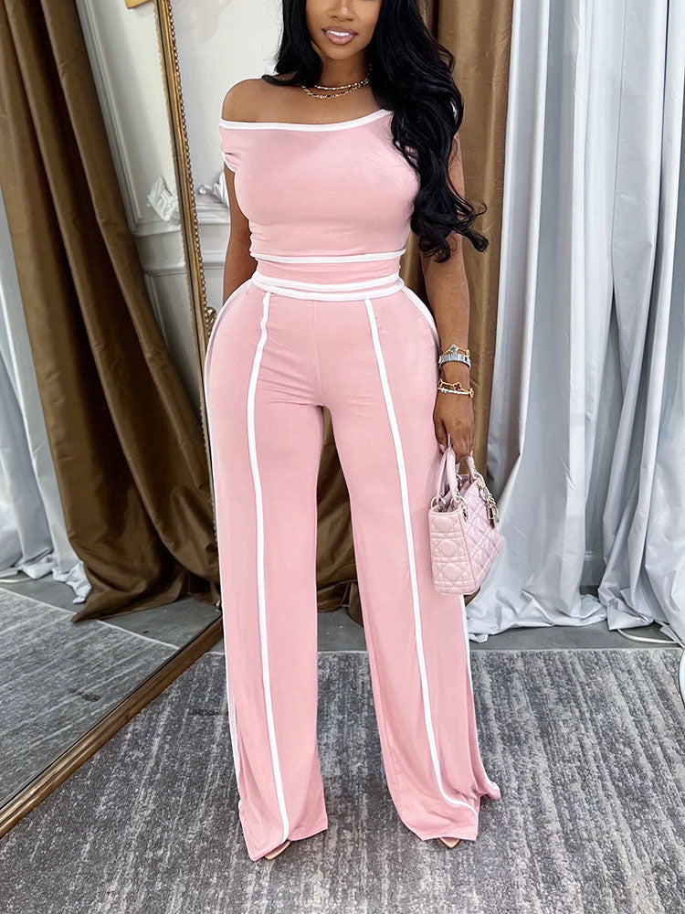 Contrast Off Shoulder Top & Pants Set