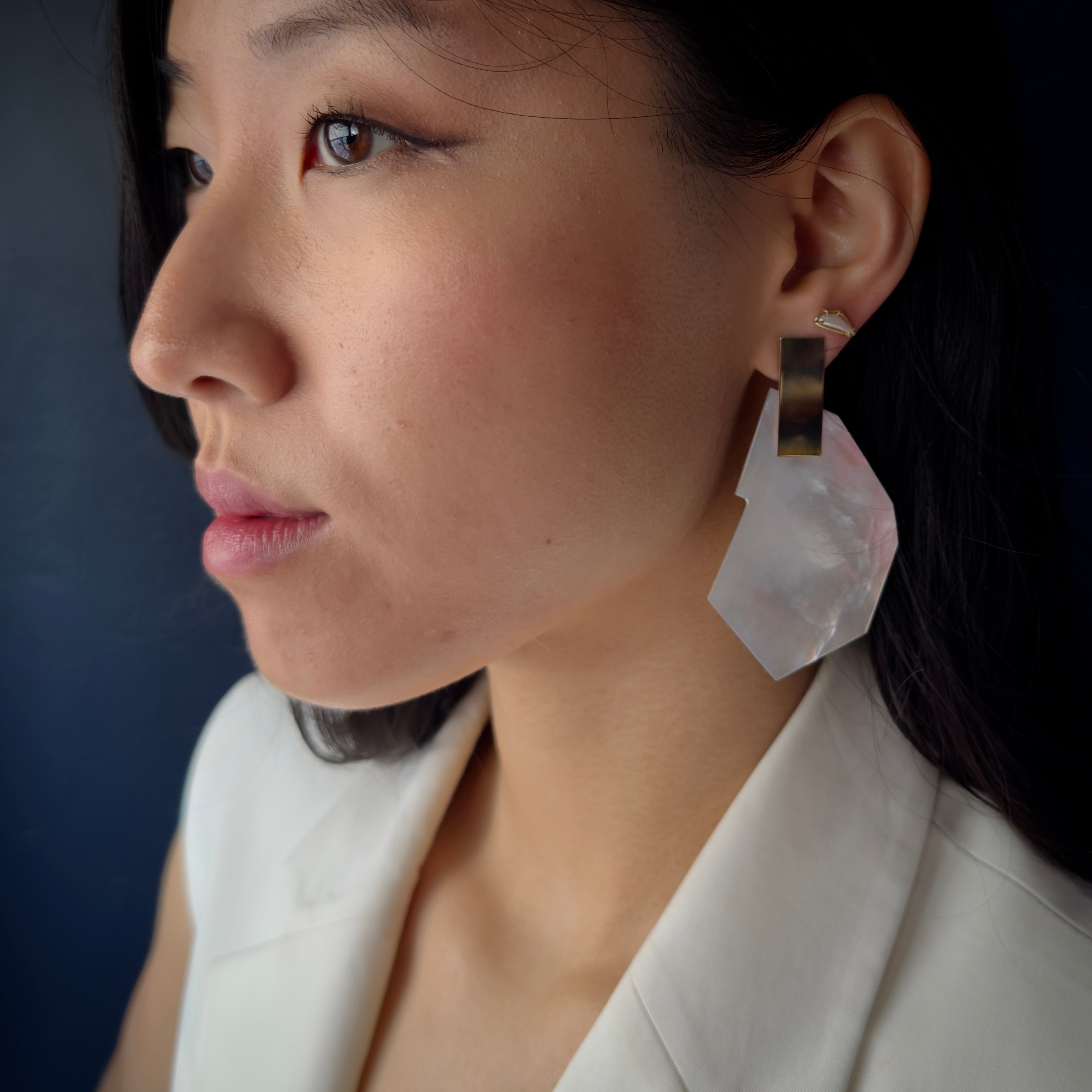 Kathleen Whitaker 14k White Mother of Pearl on Plane Stud Earrings  (Pair)