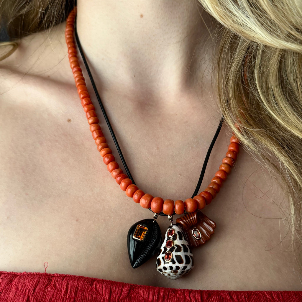 Dezso 18k Carved Red Jasper Capri Shell Pendant w/ Orange Sapphire