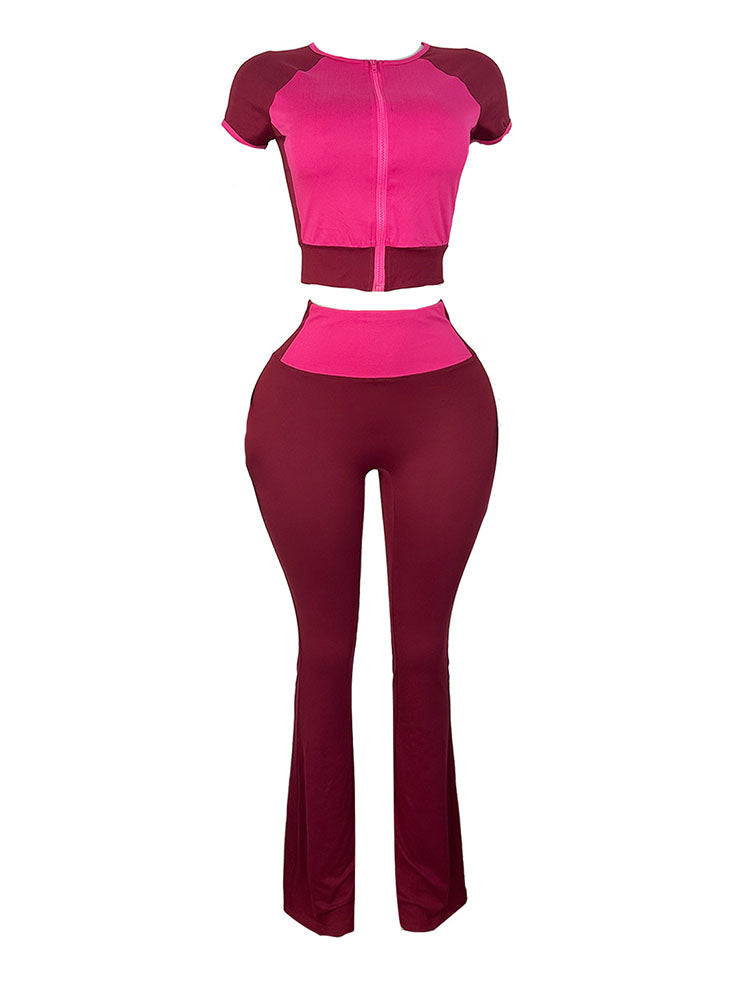 Sporty Contrast Top & Flared Pants Set