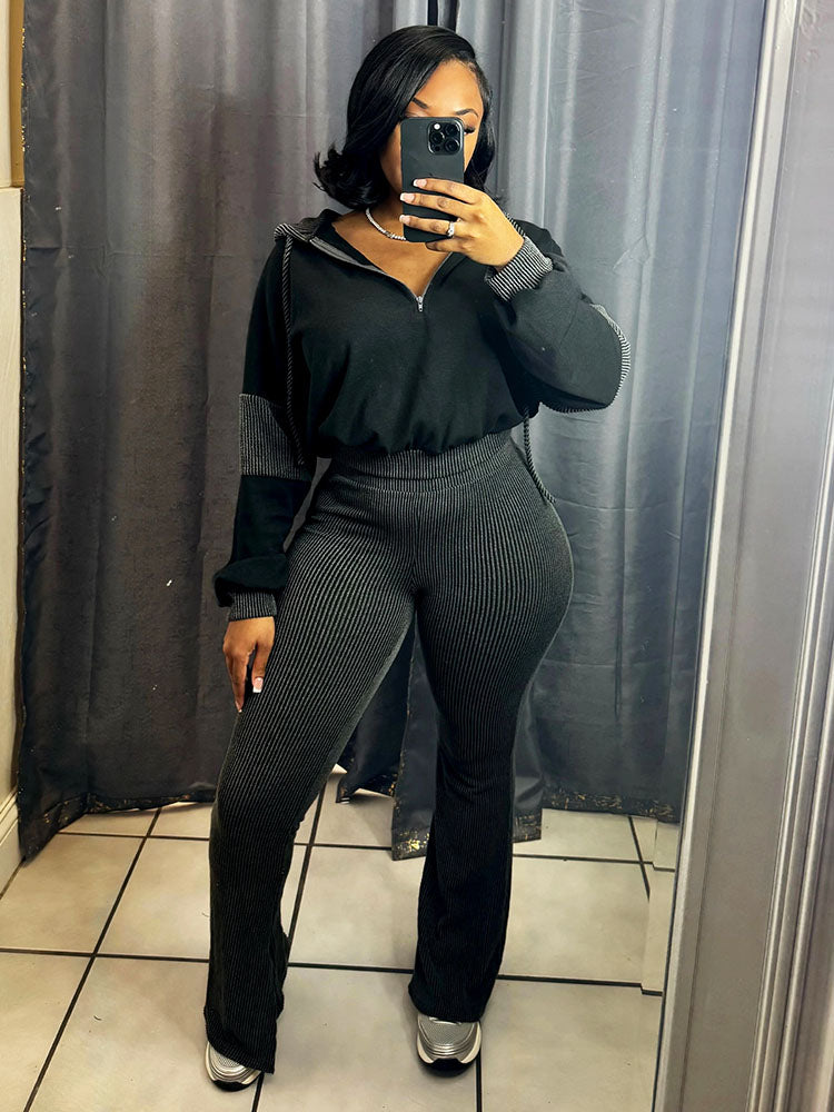 Textured Hooded Top & Flared Pants Set