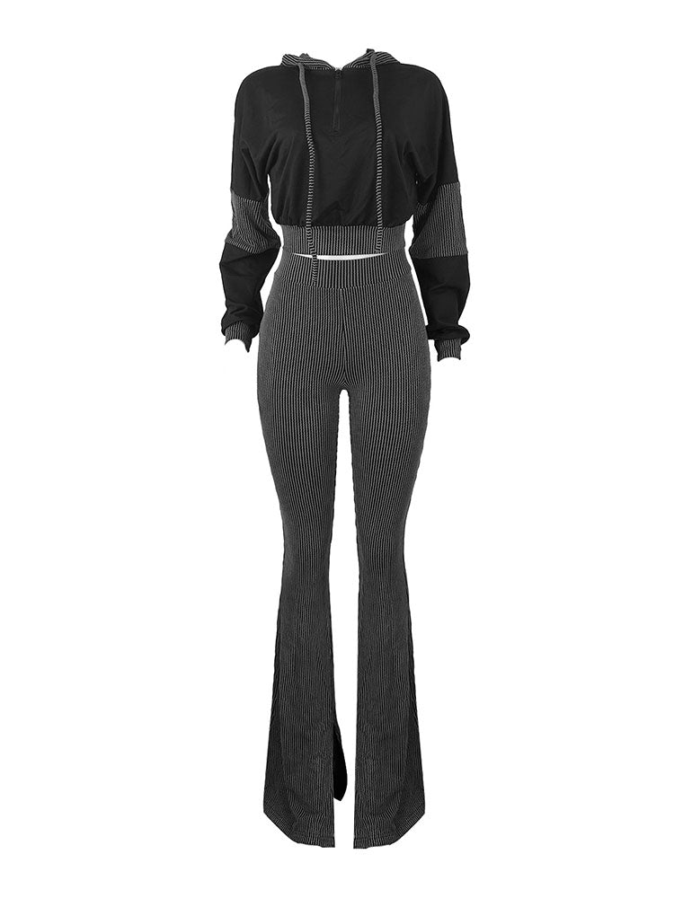 Textured Hooded Top & Flared Pants Set