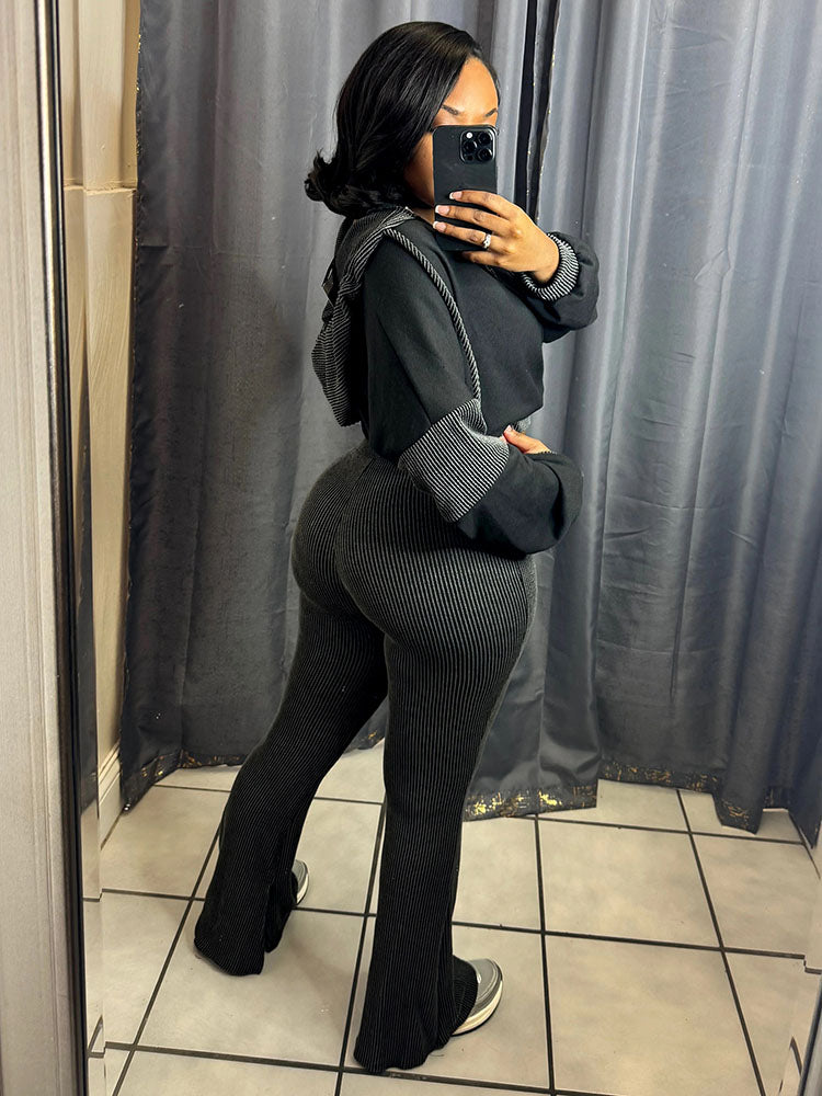 Textured Hooded Top & Flared Pants Set