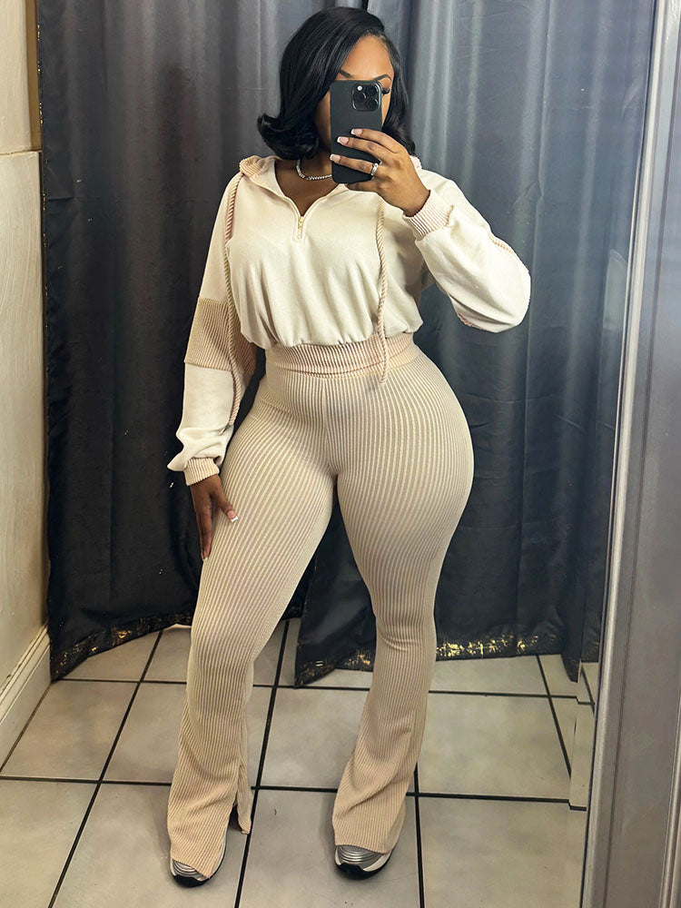 Textured Hooded Top & Flared Pants Set