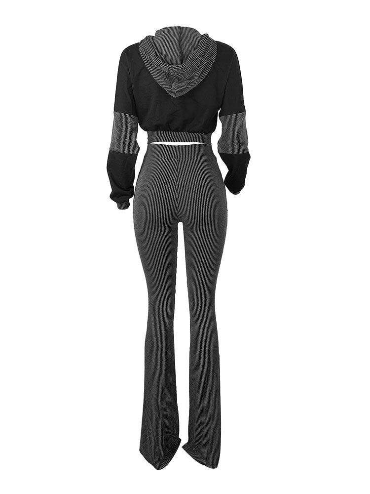 Textured Hooded Top & Flared Pants Set