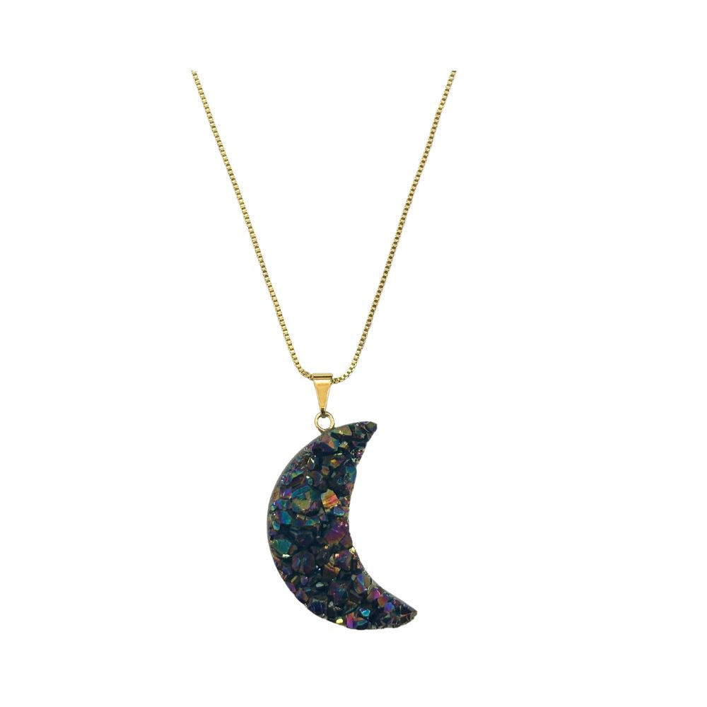 Rainbow Druzy Moon Crystal Necklace
