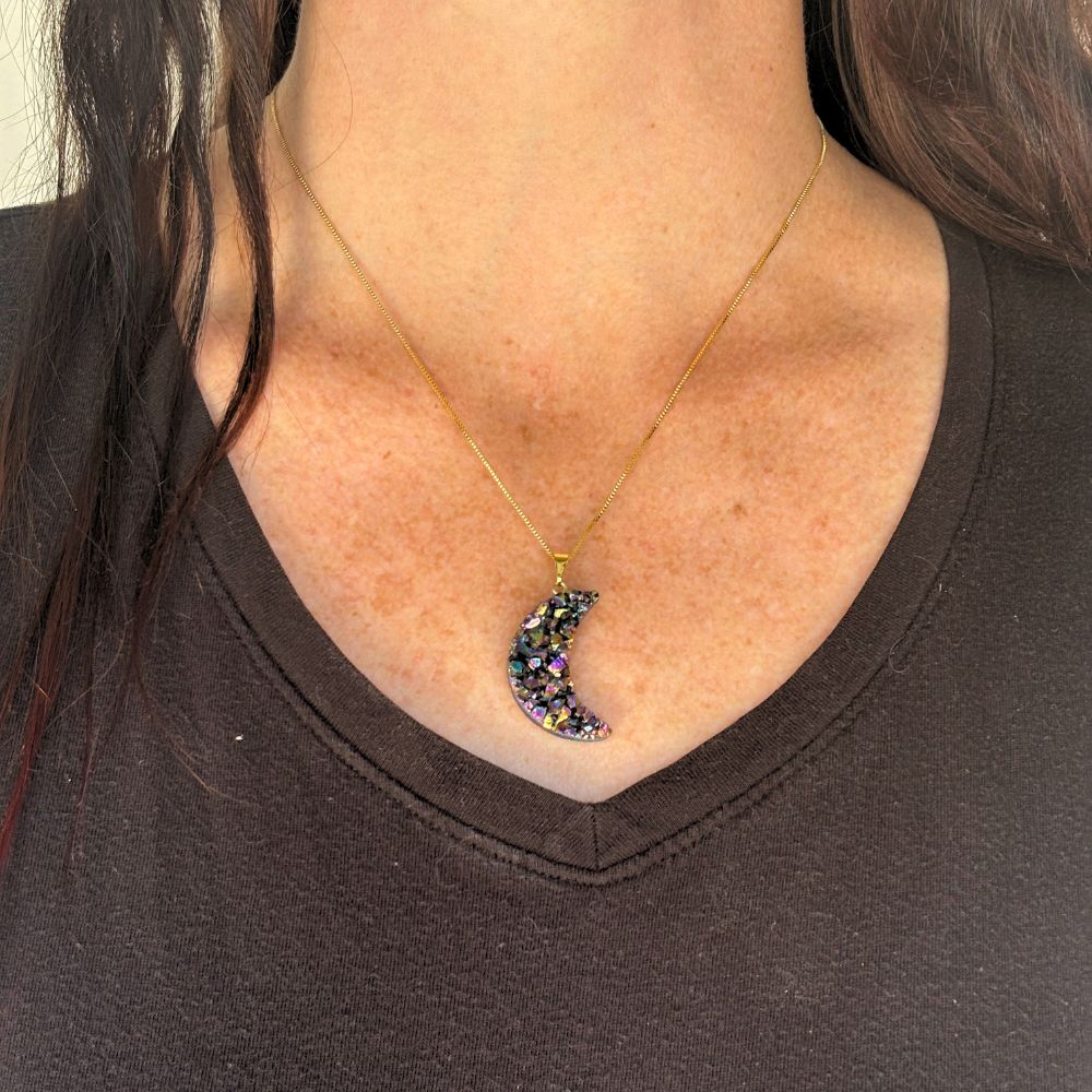 Rainbow Druzy Moon Crystal Necklace