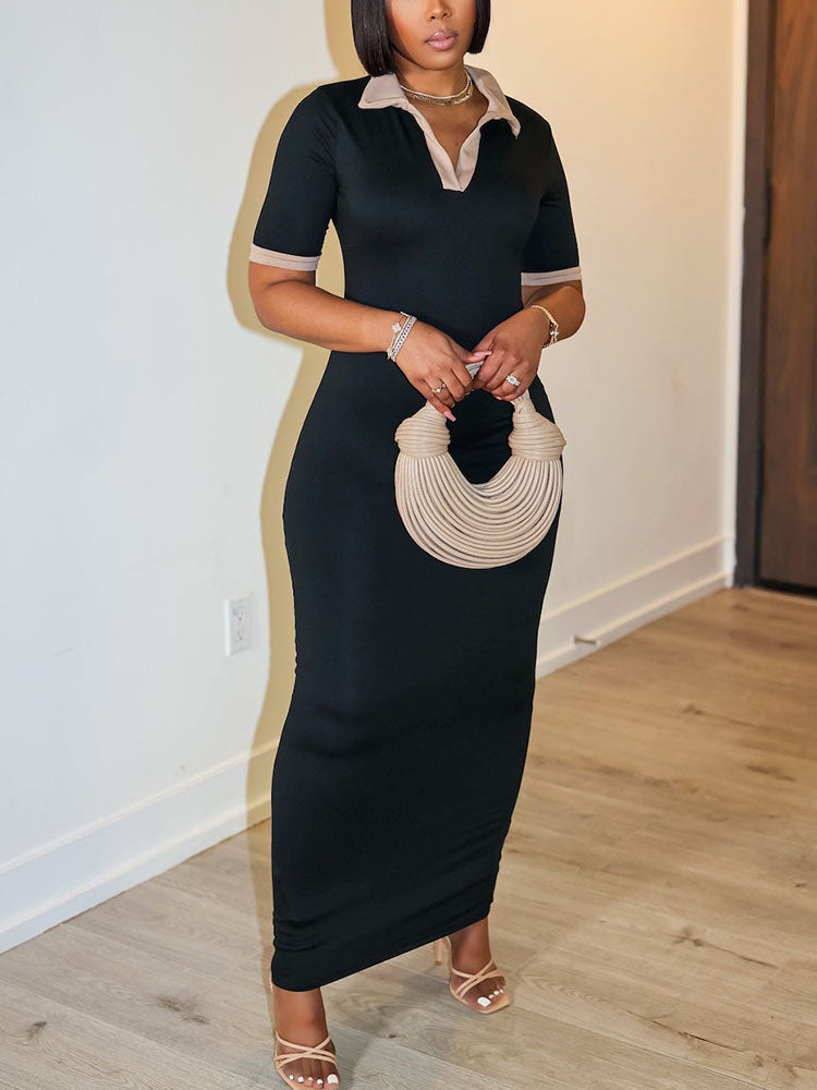 Contrast Polo Bodycon Maxi Dress