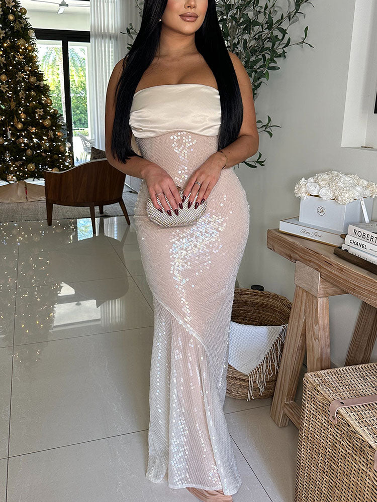 Bow Back Sequin Strapless Dress