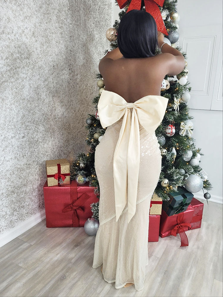 Bow Back Sequin Strapless Dress